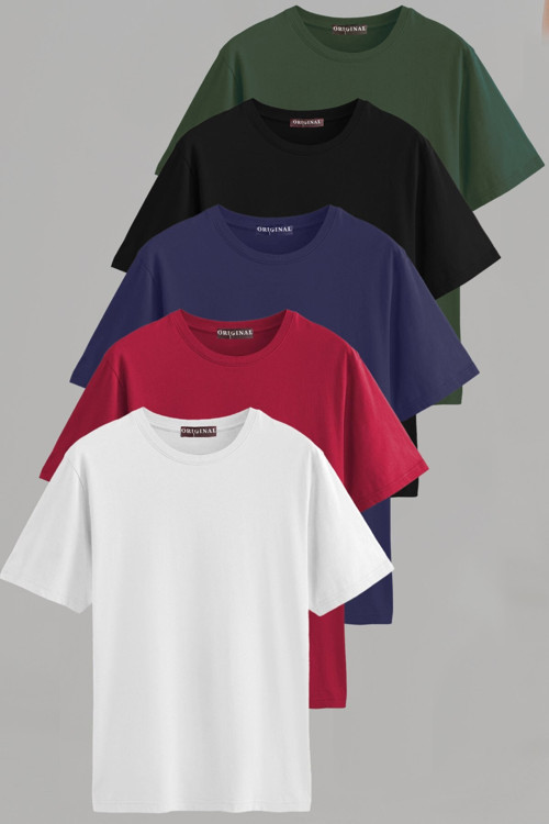 Erkek Beyaz-Siyah-Laci-Bordo-Yeşil Slim Fit Bisiklet Yaka Pamuk Elastan 5'Li Basic Tişört