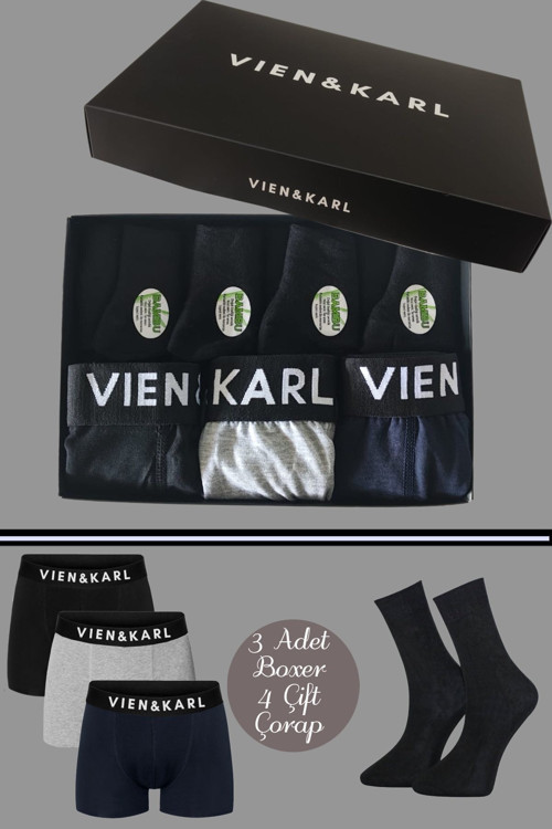 Erkek Premium Kutuda 3 Boxer (Siyah/Gri/Lacivert) 4 Bambu Çorap Set