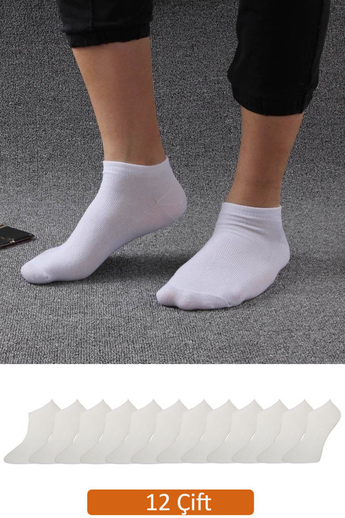 Erkek 12'Li Paket Beyaz Bambu Patik Çorap