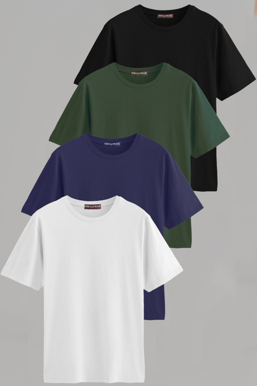 Erkek Beyaz-Siyah-Laci-Petrol Mavi Slim Fit Bisiklet Yaka Pamuk Elastan 4'Lü Basic Tişört