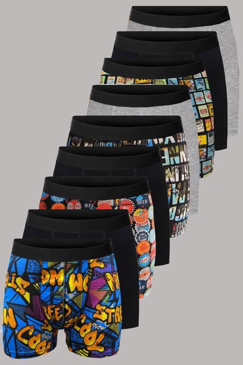 Desenli Düz Karışık Erkek 9'Lu Paket Pamuklu Boxer