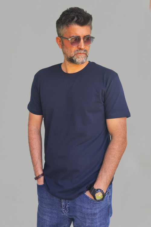 Erkek Lacivert Slim Fit Bisiklet Yaka Pamuk Elastan Basic Tişört