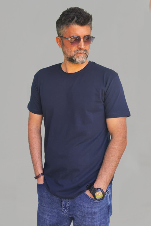 Erkek Lacivert Slim Fit Bisiklet Yaka Pamuk Elastan Basic Tişört