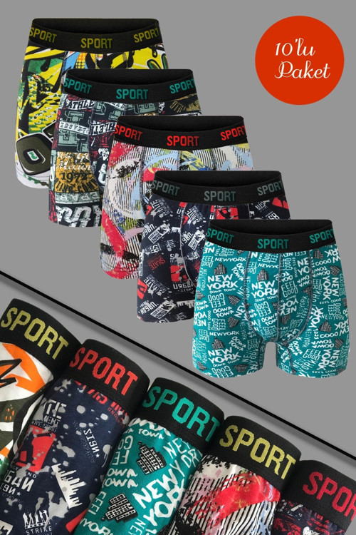 Erkek Desenli Premium Penye Pamuklu Likralı Boxer - 10'Lu Set