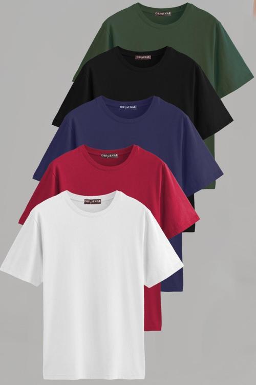 Erkek Beyaz-Siyah-Laci-Bordo-Yeşil Slim Fit Bisiklet Yaka Pamuk Elastan 5'Li Basic Tişört