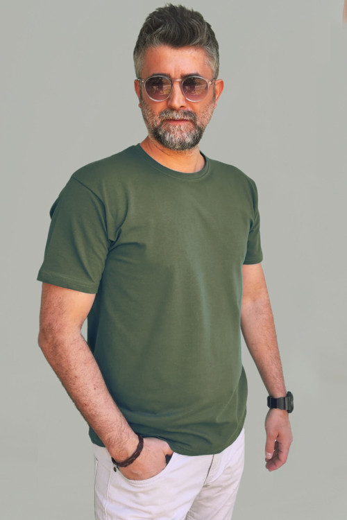 Erkek Petrol Mavi Slim Fit Bisiklet Yaka Pamuk Elastan Basic Tişört