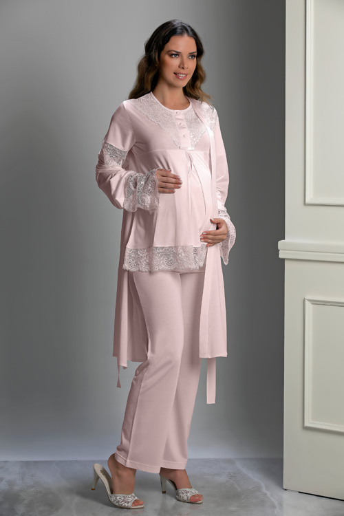 Pudra Özel Tasarım Hamile ve Lohusa Pijama Takım 3'lü Set - L