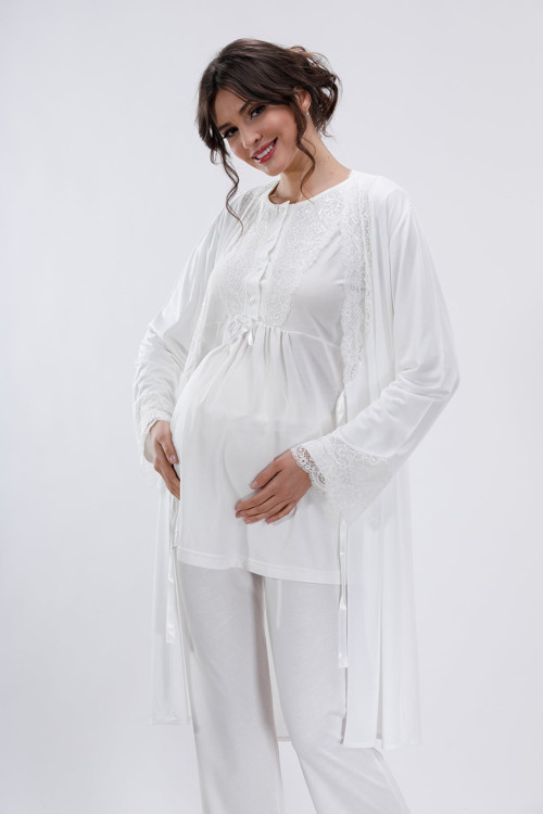 Ekru Hamile ve Lohusa Pijama Takımı 3'lü Set - 2XL