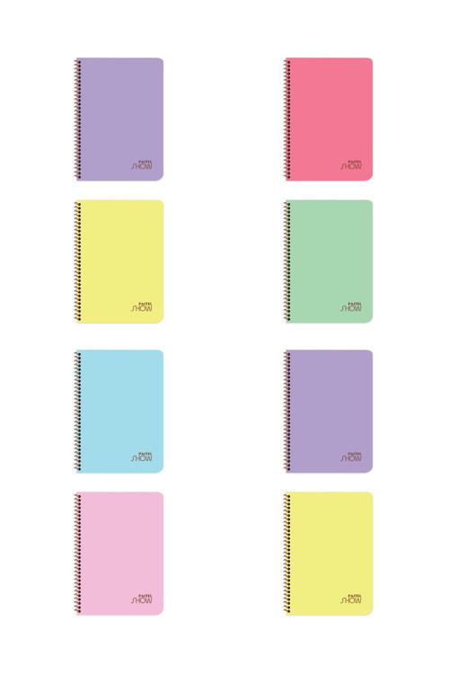 Pastel Show (8'Li Paket) A4 72 Yaprak 4 Kareli 4 Çizgili Plastik Kapak Spiralli Defter