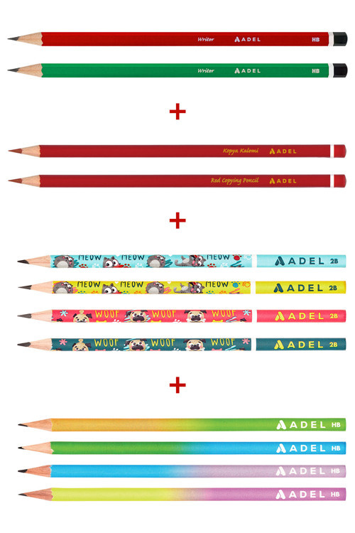 Karışık Kurşun Kalem 12’Li Set,Kırmızı Kalem,Mercanlı Kurşun Kalem,Pastel Ve Hayvan Desenli Kalemler