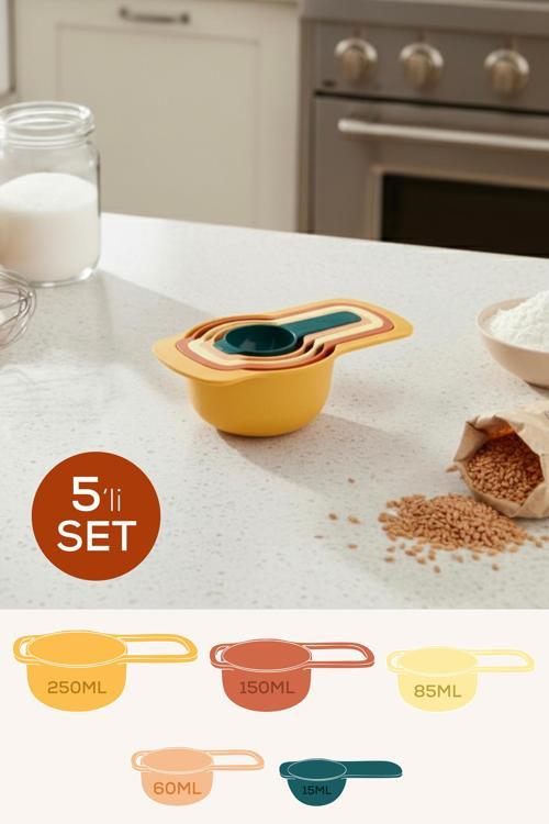 5’li Renkli Ölçü Kaşığı Seti Toprak Renkli – (15-60-85-150-250 ml) | Mutfak Ölçü Seti