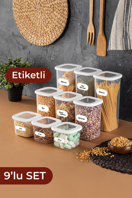 Etiketli Kare Erzak Saklama Kabı 9'lu Set 3x(0,55 LİTRE, 1,2 LİTRE, 1,75 LİTRE) Beyaz