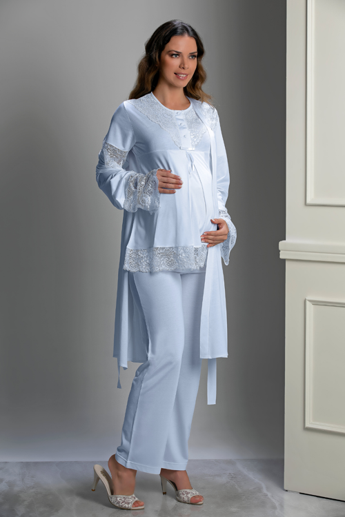 Mavi Özel Tasarım Hamile ve Lohusa Pijama Takım 3'lü Set - M