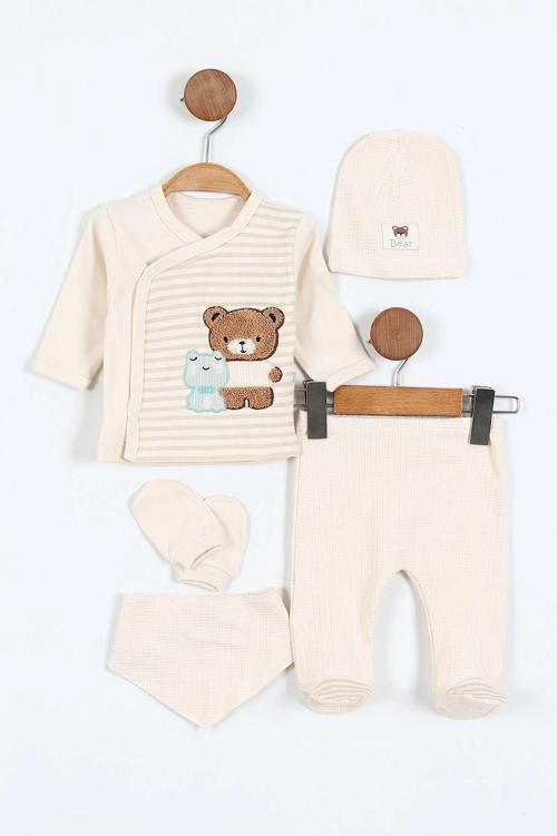 Yeni Doğan Ayıcıklı Çizgi Desen Patikli Bebek 5'li Zıbın Takım - Hastane çıkışı Krem