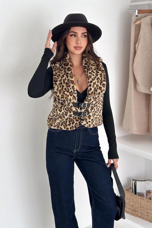 Leopar Desen Kancalı Kısa Mont