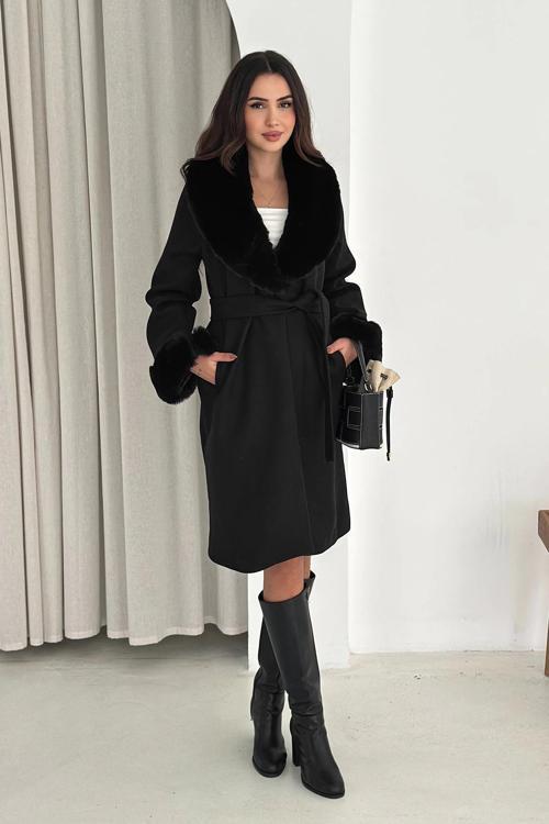 Kürk Detaylı Kaşe Kaban Siyah