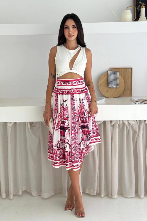İthal Krep Kumaş Desenli Etek Pembe