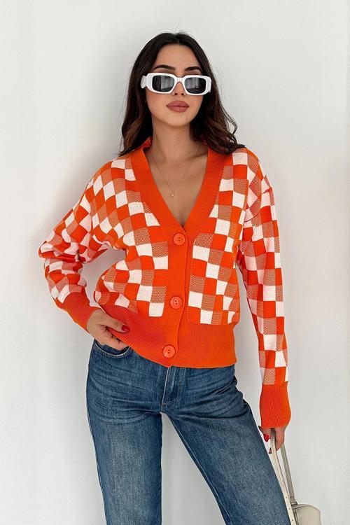 Kare Desenli Kısa Hırka Turuncu