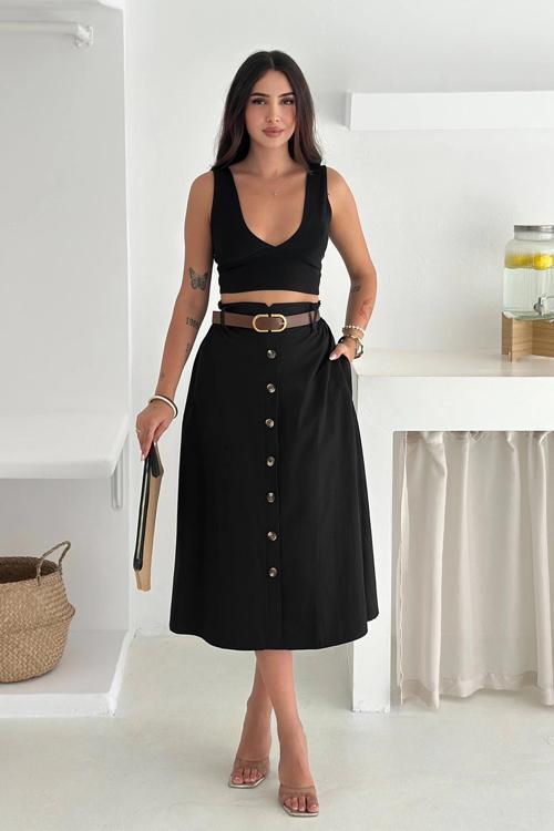 Kemerli Boydan Düğmeli Keten Etek Siyah
