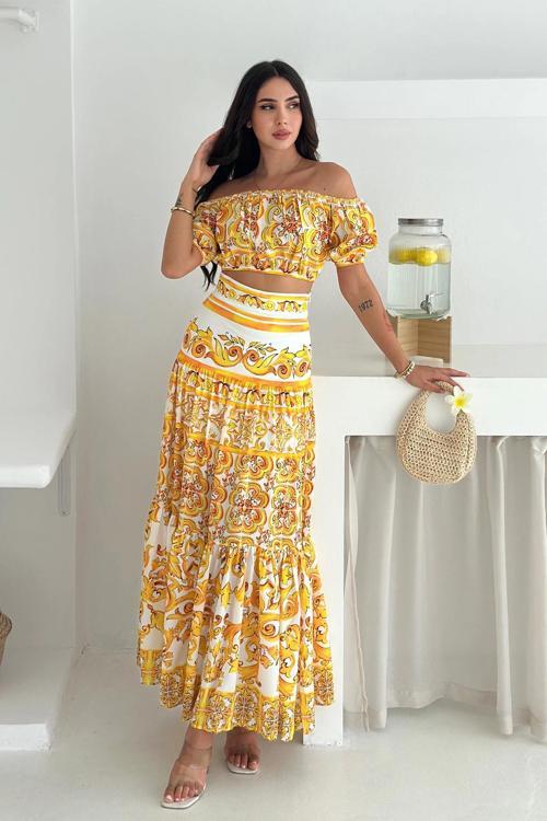 Desenli Crop Etek Takım Sarı