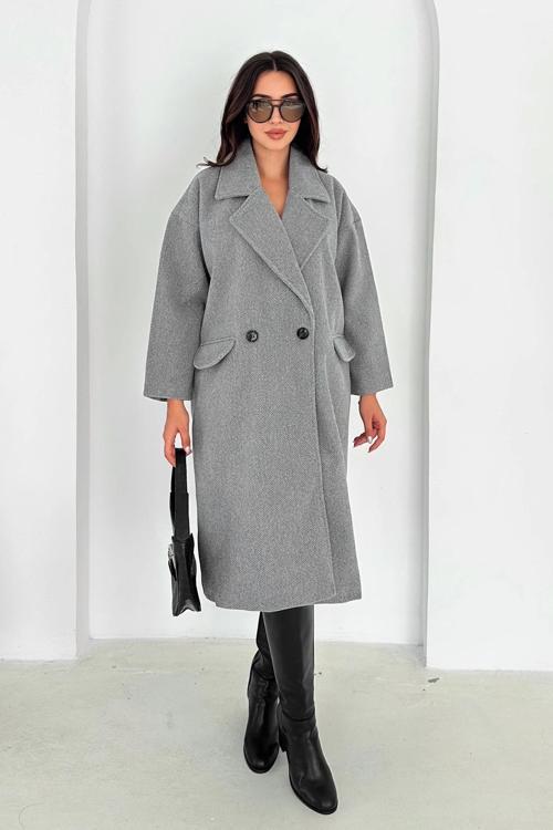 Kendinden Desenli Midi Kaban Gri