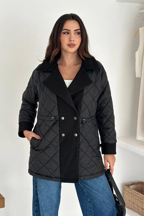 Kapitone Kaşe Detaylı Mont Siyah