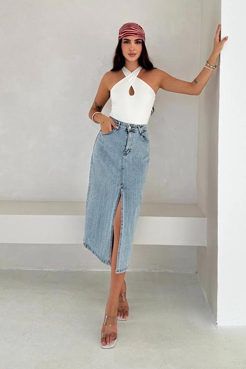 Paralel Taşlı Yırtmaçlı Denim Etek Mavi