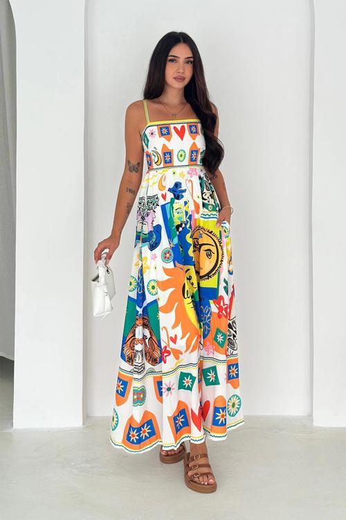 İthal Krep Kumaş Desenli Elbise Sarı