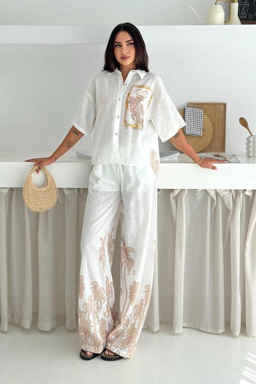 Keten Kumas Palmiye Baskılı Cep Taş Detaylı Takım Krem