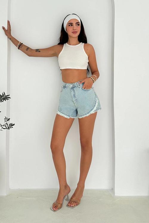 Püskül Taş Detaylı Denim Şort