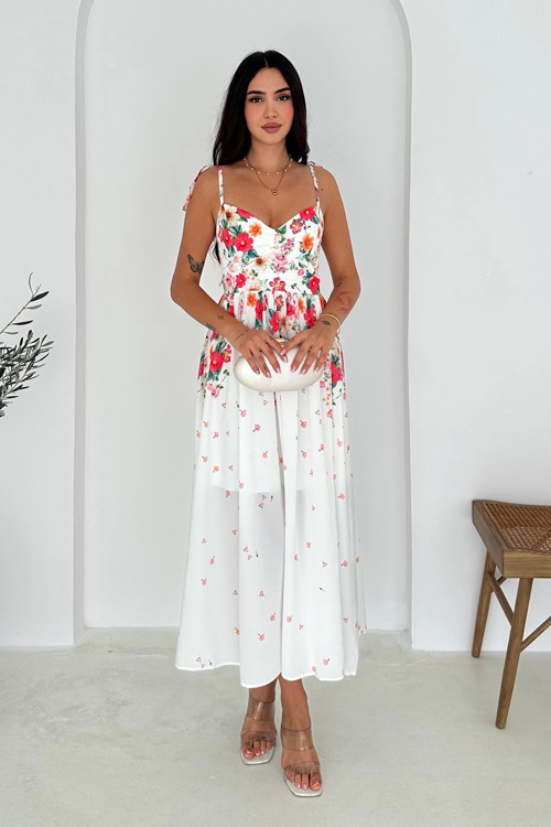 Çiçek Desenli Elbise İthal Krep Kumaş Beyaz