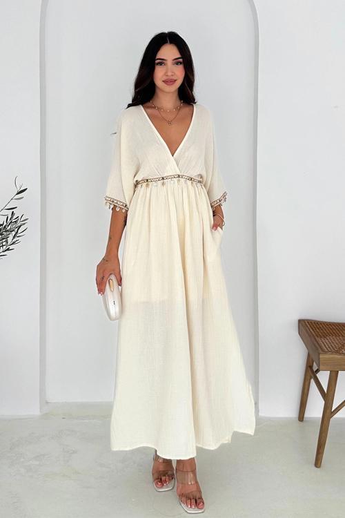 Anvelop Yaka Pullu Elbise Beyaz