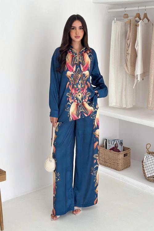 Saten Kumaş Desenli Takım Lacivert