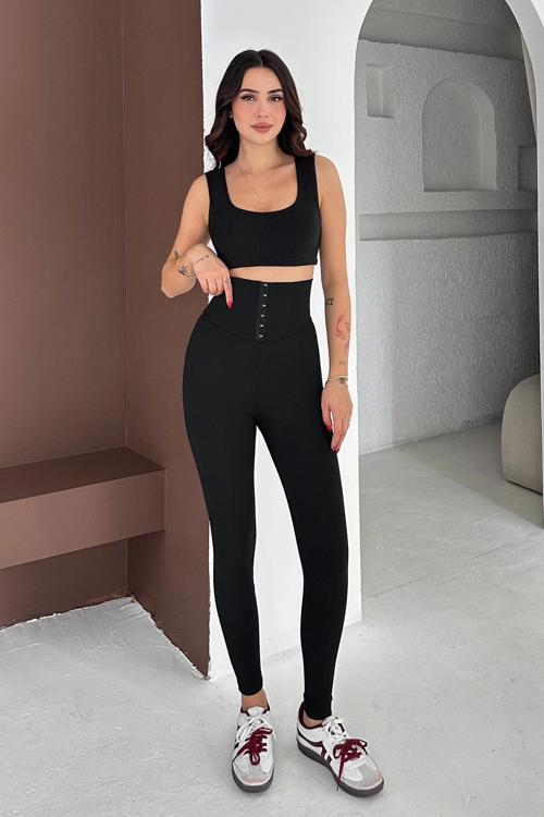 Beli Korse Detaylı Fitilli Tayt Siyah