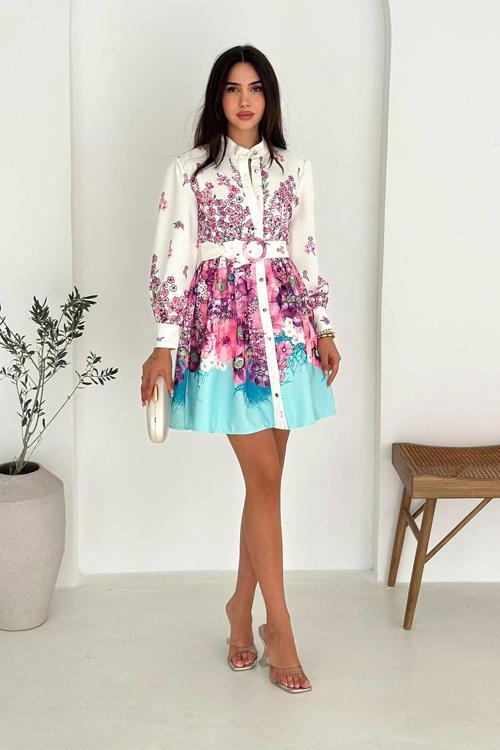 Desenli Düğme Detaylı Kemerli Keten Elbise