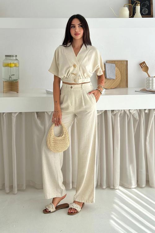 Düğme Detaylı İkili Takım Krem