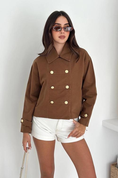 Düğme Detaylı Yağmur Gabardin Ceket Kahverengi