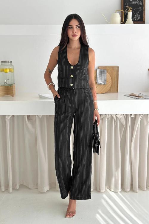 Çizgili Kumaş Yelek Takım Siyah