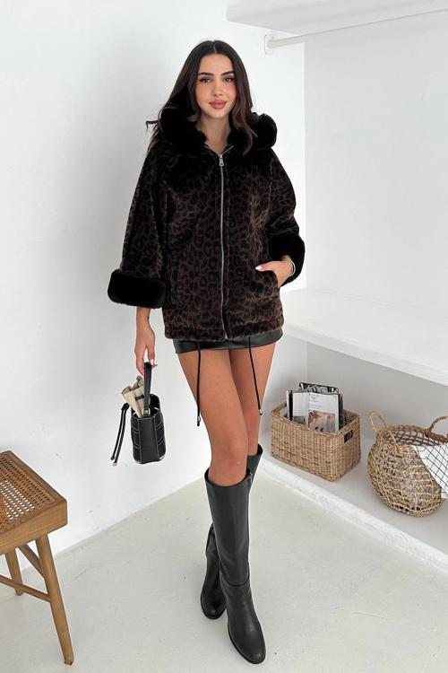 Leopar Desen Kapşonlu Kürk Mont