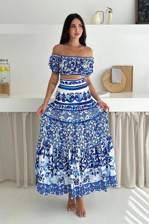 Desenli Crop Etek Takım Mavi