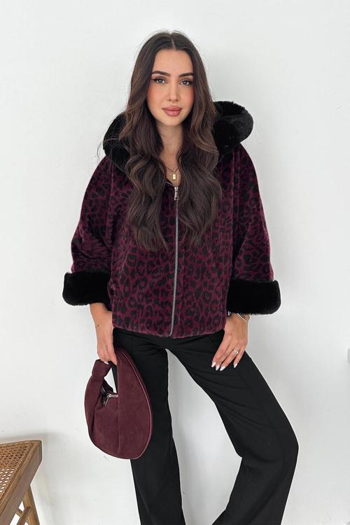 Leopar Desen Kapşonlu Kürk Mont Mor