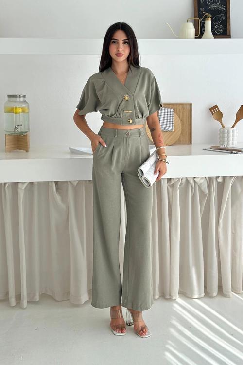 Düğme Detaylı İkili Takım Haki