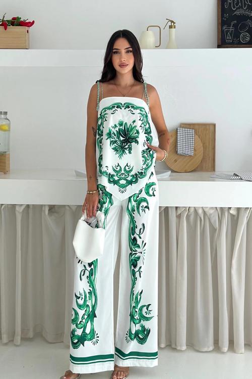 İthal Jessica Kumaş Desenli İkili Takım Yeşil
