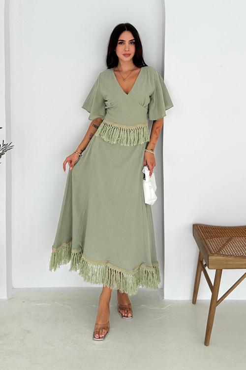 Püsküllü Bluz Etek Takım Haki