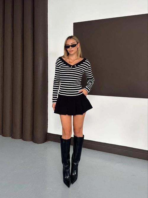 V yaka kol ve yaka düğmeli bluz siyah A4047