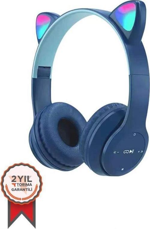 P47M Sevimli Renkli Kedi Kulak Bluetooth Kulaklık Lacivert