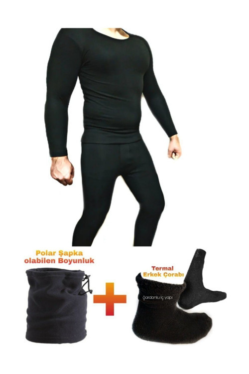 4'Lü Set Erkek Termal Set Termal Içlik Termal Tişört Termal Çorap Polar Bere