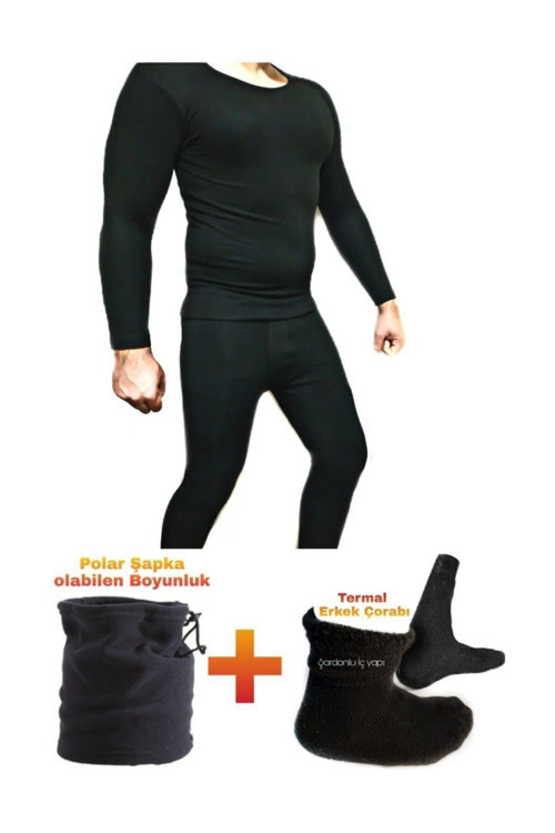 4'Lü Set Erkek Termal Set Termal Içlik Termal Tişört Termal Çorap Polar Bere