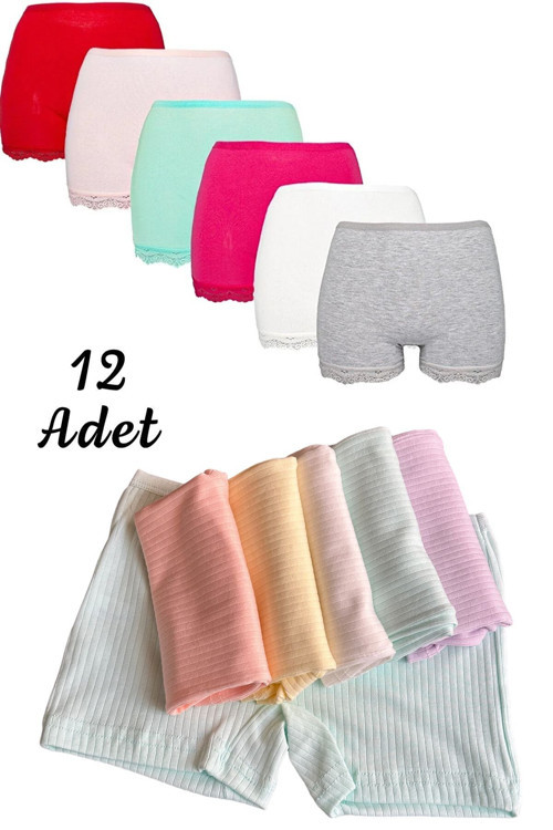 12'Li Pamuklu Penye Kız Çocuk Dantelli - Fitilli Boxer