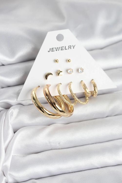 BFS Gold Renk 6 Çiftli Pirinç Kadın Küpe Seti